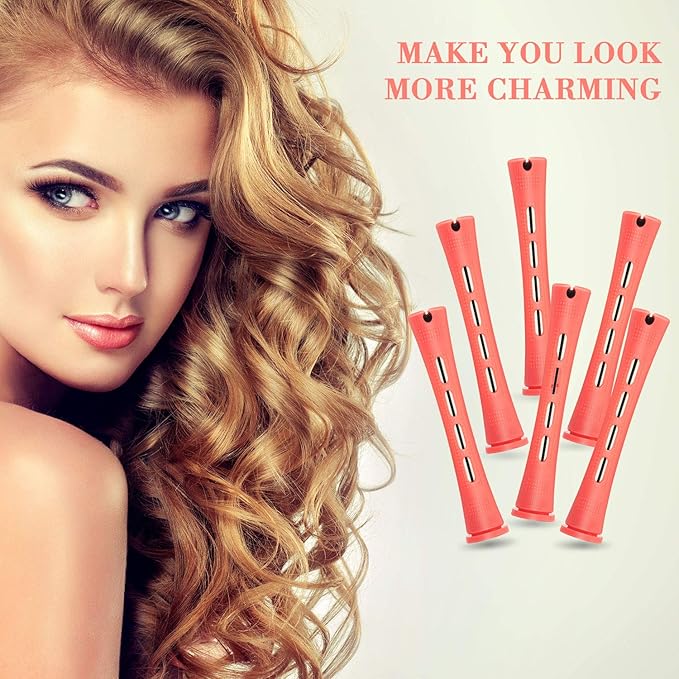 48 Pieces Cold Wave Hair Perm Rods and Plastic Curlers with Steel Pintail Comb for Hairdressing and Styling (Pink, 0.51 Inch/ 1.3 cm)