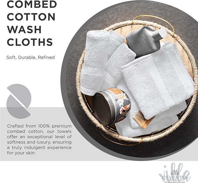 100% Cotton Wash Cloth for face & Body Set of 12, (12 x 12 inches) Sustainable, Soft, Highly Absorbent, Combed Cotton Wash Cloths Pack of 12 for Hotels, Spa, Bathroom, Dorm, White
