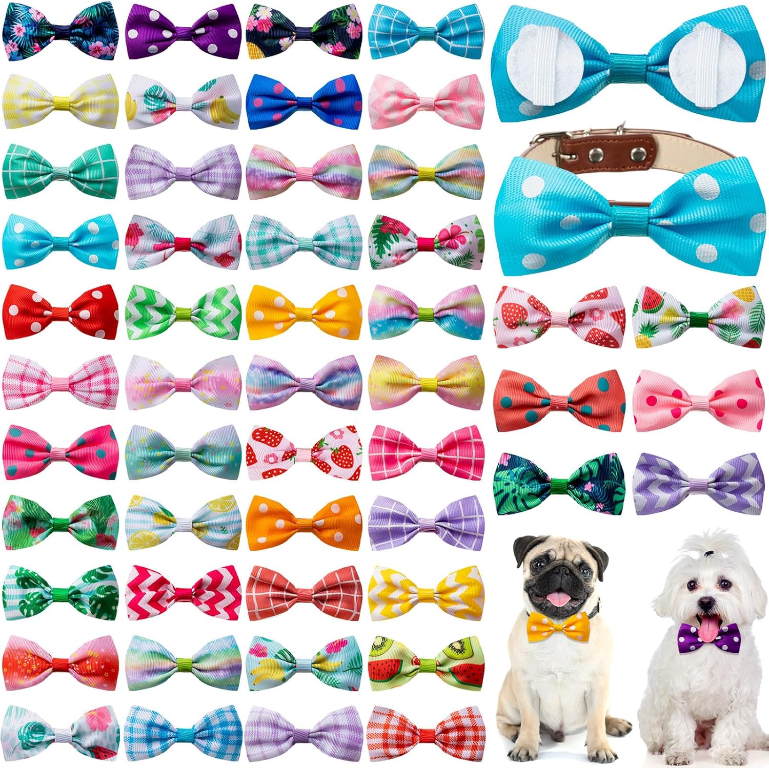 Reginary 50 Pieces Dog Bow Ties Pet Collar Bow Puppy Collar Attachment with Rubber Bands for Small Medium Cat Pet Grooming Charms Accessories Wedding Birthday Occasion(Fresh Fruit Style)