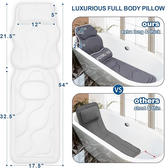 Full Body Bath Pillow for Tub - Extra Long & Thick Tub Pillow with Head, Back & Lumbar Support, 168 Non-Slip Suction Cups, Soft 5D Mesh Spa Cushion, Fits All Tubs-Gift for Soaking