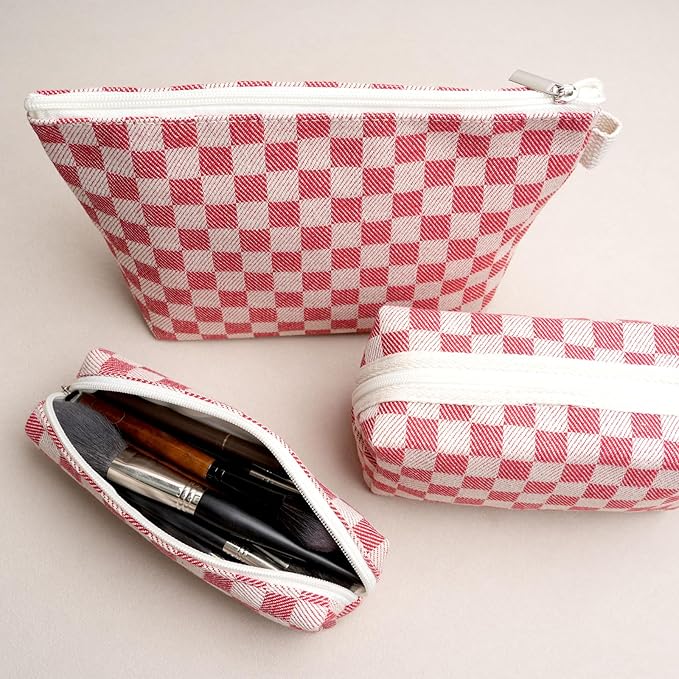 3 Pcs Canvas Makeup Bag Set Checkered Cosmetic Pouch for Women Travel Toiletry Bag Cute Makeup Organizer Purse Pouch Preppy Pencil Case with Zipper (Checkered Blue)