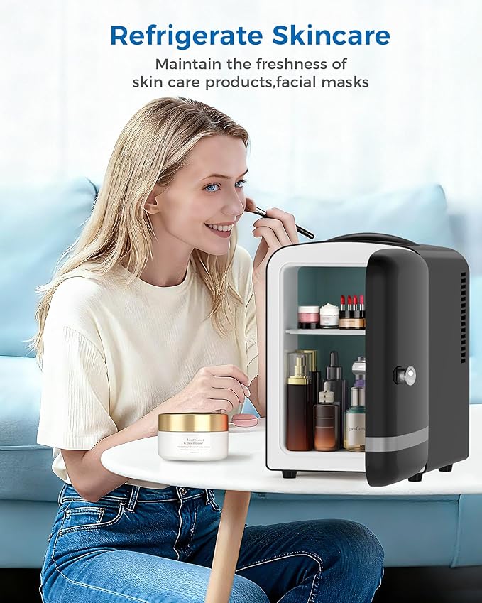 Mini Fridge for Bedroom, 4L/6 Cans Small Cosmetic Fridge for Skincare, Makeup, Medicine & Beverage, Portable Desk Fridge Cooler and Warmer for Kids, Car, Office, Dorm, Black