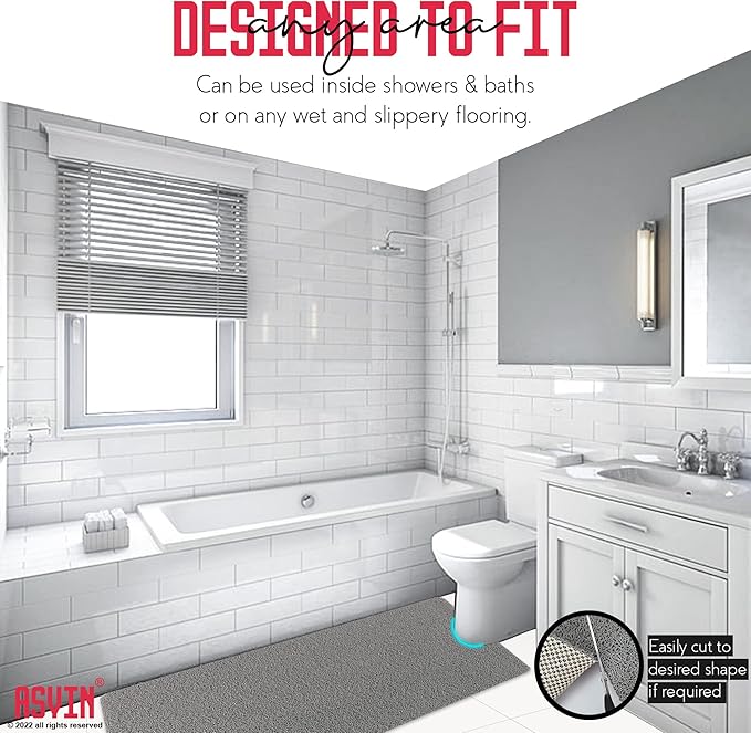 Asvin Soft Textured Bath, Shower, Tub Mat, 24x16 Inch Rectangular, Phthalate Free, Non Slip Comfort Bathtub Mats with Drain, PVC Loofah Bathroom Mat for Wet Areas, Quick Drying, Grey