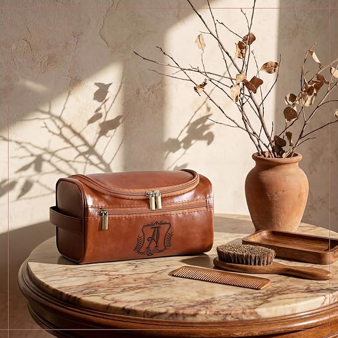 Sadnyy Personalized Leather Toiletry Bag for Men Initial Travel Bag with Hook Monogrammed Toiletry Pouch Leather Travel Bathroom Kit with Side Handle for Him Dad Husband Anniversary Birthday Gifts(A)