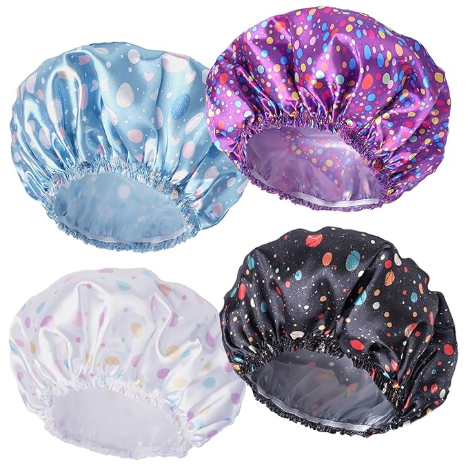 Shower Caps for Women, 4 PCS Elastic and Reusable Bath Caps, Double Layers Shower Cap Reusable Waterproof, Bathing Shower Caps, Environmental Bath Hair Protection Cap - Polka Dots