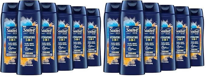 Suave Men Moisturizing Body, Face and Hair Wash, 3-in-1 For Hydrated Skin and Hair, Citrus & Musk scent, No Parabens, No Phtahaltes, 18 Oz, (Pack of 12)