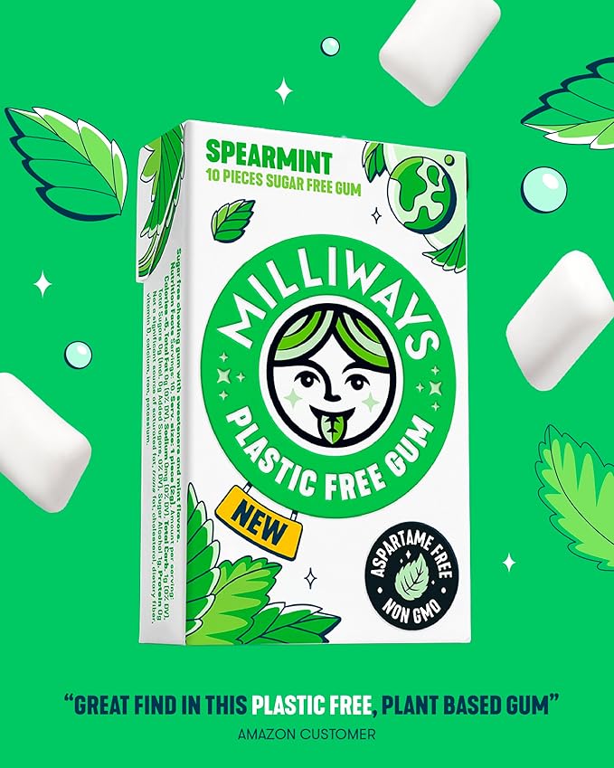 Milliways Spearmint Super Natural Gum - Plastic-Free Chewing Gum | Xylitol, Aspartame-Free, Sugar-Free, Plant-Based | 4 Packs of 10 Pieces (40 Pieces Total)