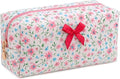 Floral Quilted Cotton Makeup Bag for Women, Large Capacity Travel Cosmetic Pouch with Zipper, Cute Toiletry & Brush Organizer, Kawaii Makeup Storage Case – Rose Red Floral