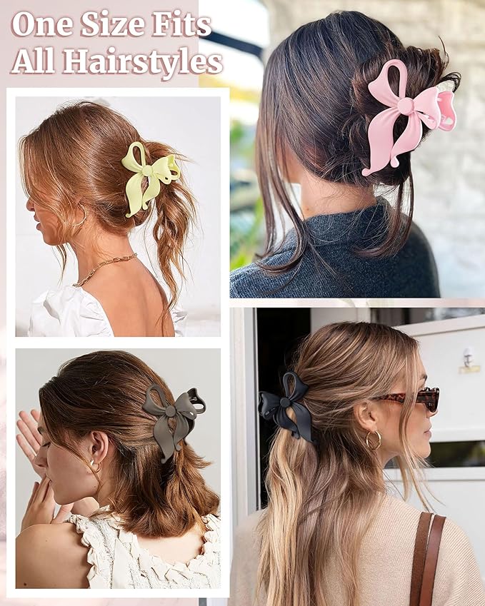 Mesovor 4 Pack Cute Bow Claw Clip for Women, Nonslip Large Matte Strong Hold Bows Hair Clips for Thin and Thick Hair | Chic Hair Styling Accessories (4.1" Black, Brown, Beige, Pink)