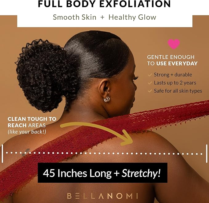 Bellanomi African Exfoliating Net Sponge, Authentic, Ethically sourced from Nigeria, 45 inches Long, Back Scrubber for Daily use (Red)