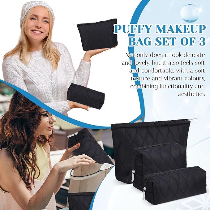 3 Pcs Puffy Makeup Bag Quilted Cosmetic Pouch for Women Cute Waterdrop Travel Toiletry Bag Puffer Makeup Organizer Purse Pouch Preppy Pencil Case with Zipper(Black)