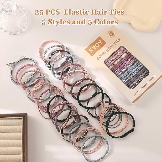 25 PCS Boho Hair Ties, Bracelets Hair Ties for Thick or Thin Hair, 5 Styles Boho Ties for Ponytail Holders, 2.36’’ Hair Ties No-Damage, Multicolor