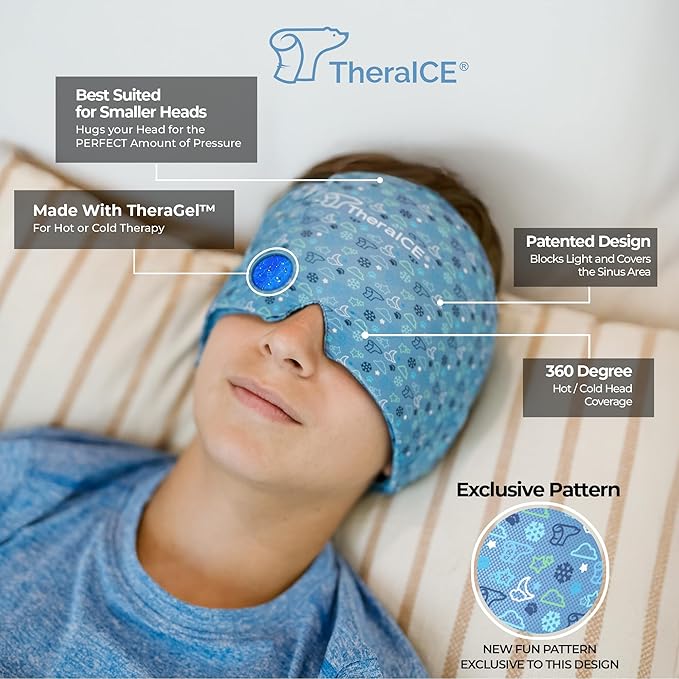 TheraICE Migraine Relief Cap Junior, Soothing Headache Boo Boo Ice Pack Mask Products, Cooling Gel Hat JR, Face Cold Compress Head Wrap for Bumps, Bruises and Cooling temperatures