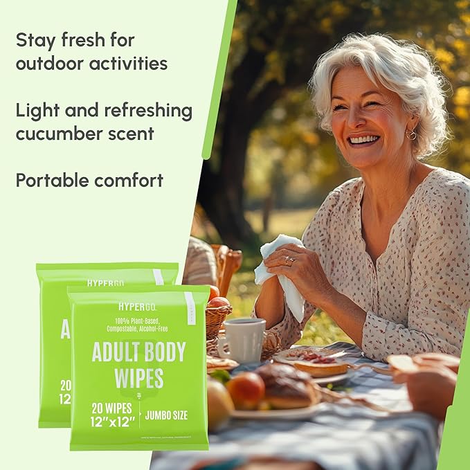 HyperGo XL Body Wipes for Women & Men – 12" x12" Rinse-Free Full Body Cleansing Wipes 2-20 Count Packs - Cucumber | Biodegradable, Hypoallergenic, Aloe-Infused | Gym, Festival, Camping Essentials