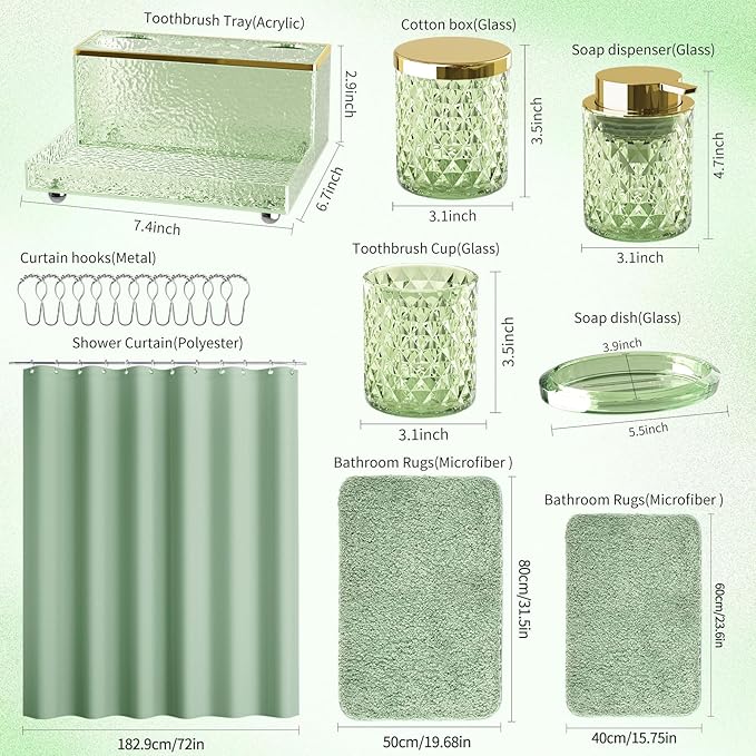 Bathroom Accessories Set - 20PCS Green Glass Bathroom Set with Shower Curtain and Rugs, Soap Dispenser, Soap Dish, Cup, Qtip Jar, Toothbrush Holder, Stylish & Functional Bath Decor for Home, Apartment