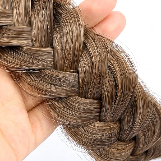 DIGUAN Wide Messy Braided Headband With Teeth Synthetic Hair Plaited Headband High Elasticity Braids Chunky Fishtail Braided Hair Band Hairpiece for Girls Women (Claybank)