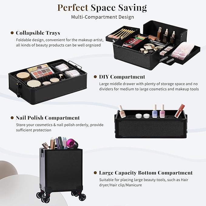 Profesional Rolling Makeup Train Case with Lid, 5 in 1 Cosmetology Case on Wheels, Large Cosmetic Trolley Organizer Travel for Hairstylist Artist Nail Beauty Salon Barber, Black