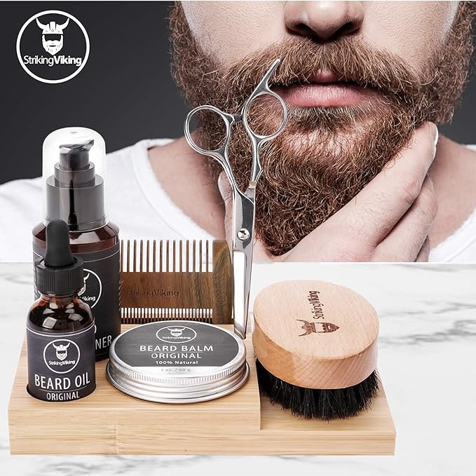 Striking Viking Bamboo Beard Kit for Men - 7.3 in x 4.5 in x 1 in - Portable Grooming Caddy Organizer for Beard Balm & Oil Products - With Scissors & Comb Brush Holder