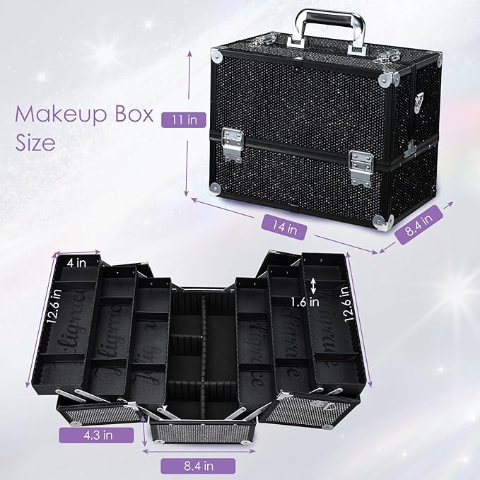 Joligrace Makeup Train Case Large 6 Tray Professional Organizer Box - Cosmetic Make Up Carrier with Lock & Key Carrying Strap for Studio Artist & Stylist Black Rhinestone