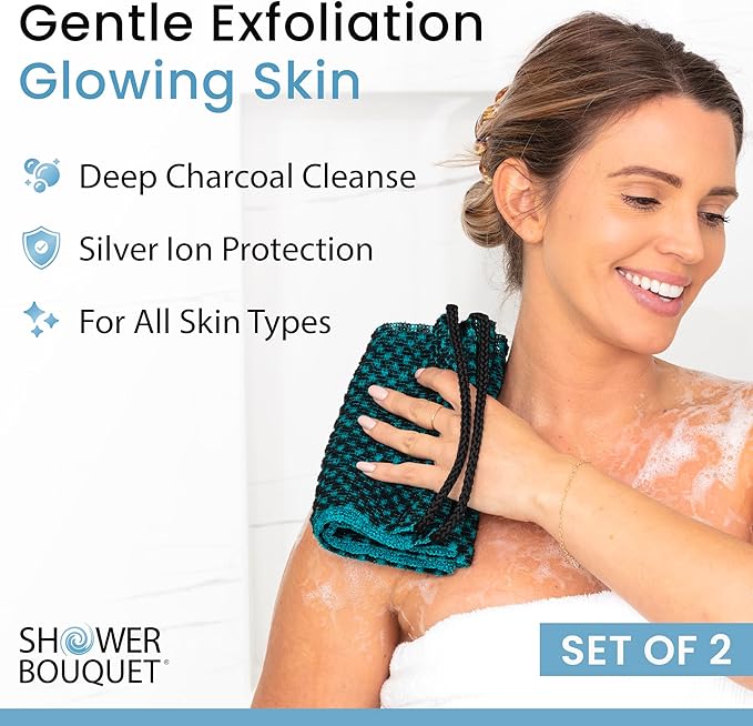 Japanese Exfoliating Washcloth for Back & Body - Charcoal & Silver Ion Exfoliating Towel - Two-Sided Gentle Exfoliation
