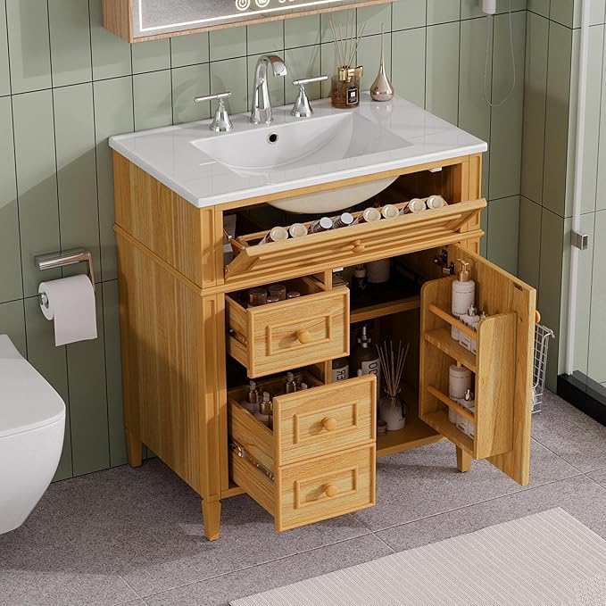 Harper & Bright Designs 30" Bathroom Vanity with Sink, Free Standing Single Basin Vanity Set with Tip-Out Drawer, 2 Drawers, and 2 Doors, Wood Bathroom Cabinet with Ceramic Basin for Bathroom, Wood
