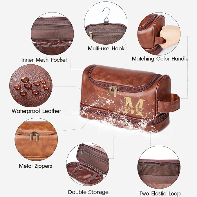 Flycalf Personalized Toiletry Bag for Men Leather Toiletries with Hanging Hook Shaving Bag Bathroom Organizer Leather Engraved Text Shower Toiletries
