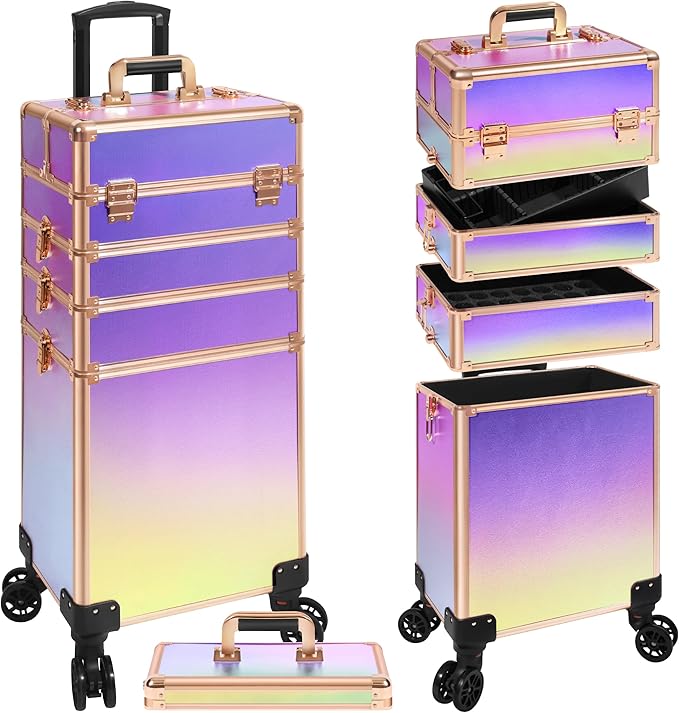 Profesional Rolling Makeup Train Case with Lid, 5 in 1 Cosmetology Case on Wheels, Large Cosmetic Trolley Organizer Travel for Hairstylist Artist Nail Beauty Salon Barber, Colorful