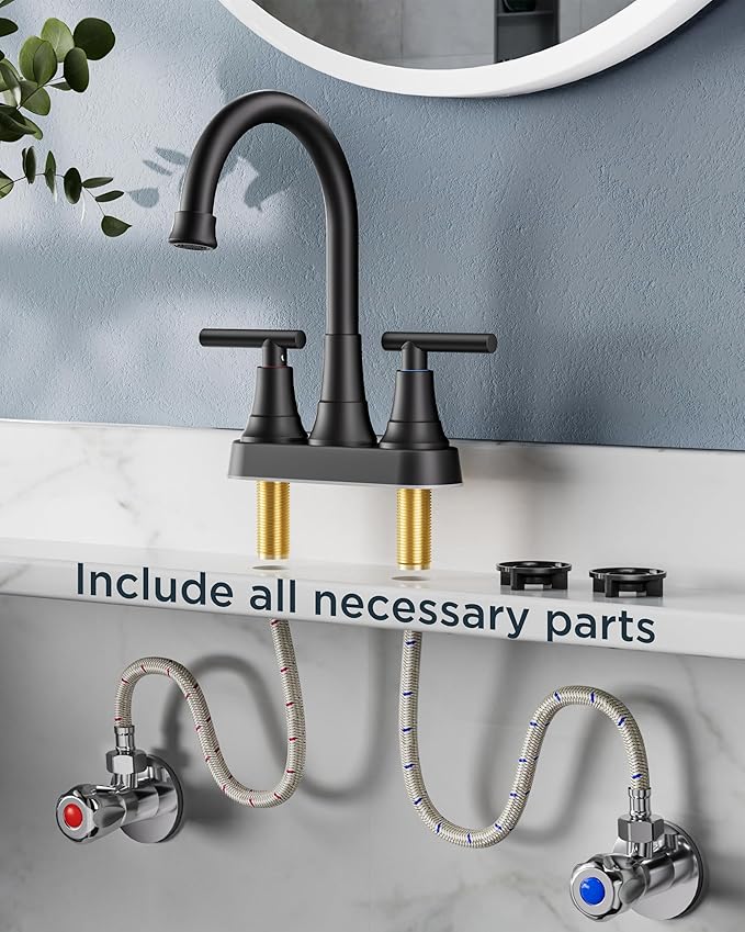 FORIOUS Matte Black Bathroom Faucets, 4 Inch Centerset Bathroom Sink Faucet 2 or 3 Hole with Pop up Drain and cUPC Hose, Two Handles Control, 360° spout for Restroom,Vanity, RV