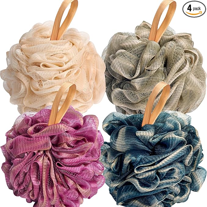 Fishent Loofahs Bath Sponge, 4 Pack 70g Soft Mesh Pouf Shower Puffs Loofa Exfoliating Body Scrubber Ball for Men and Women