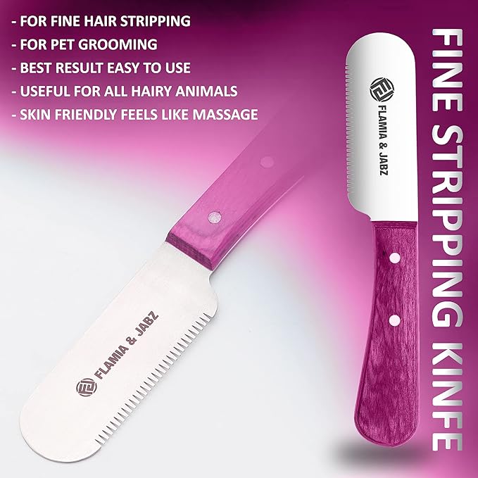 FLAMIA & JABZ FJ Professional Stripping Knife kit (6 pieces set) for Dogs & Pets, Wooden Handle Grip with Stainless Steel Blade (Right handed) (Pink)