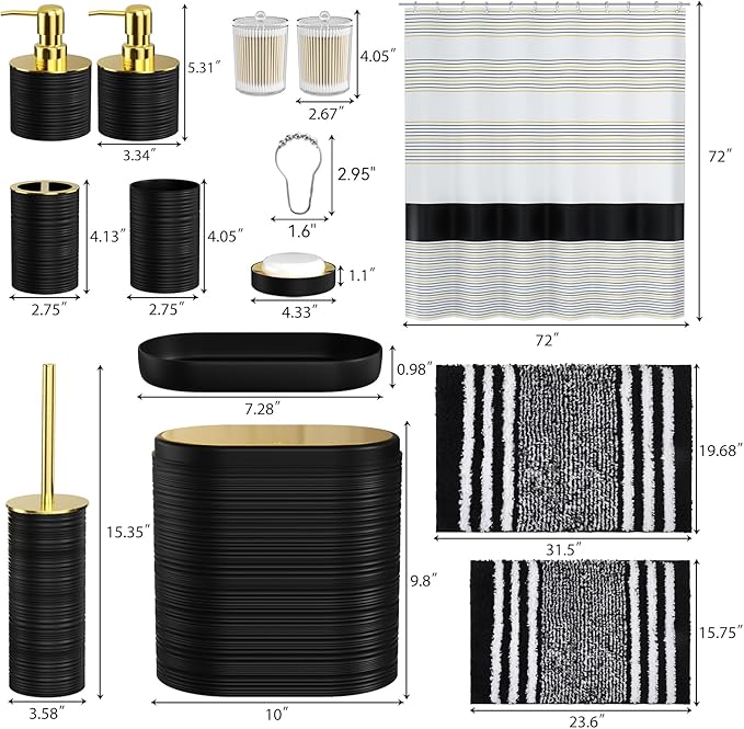 Bathroom Set - Bathroom Sets with Shower Curtain and Rugs, 25PC Bathroom Accessory Set, Black Bathroom Accessories Set with Trash Can, Soap Dispensers