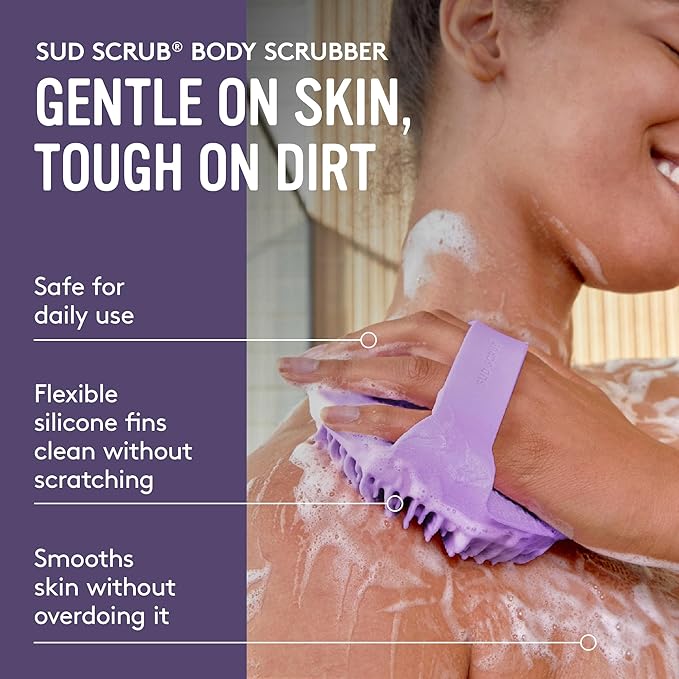 Sud Scrub® Antimicrobial Silicone Body Scrubber, Exfoliating Body Scrubber for Sensitive Skin, Eco Friendly Shower Scrubber for Body, Silicone Body Brush for Showering, Purple