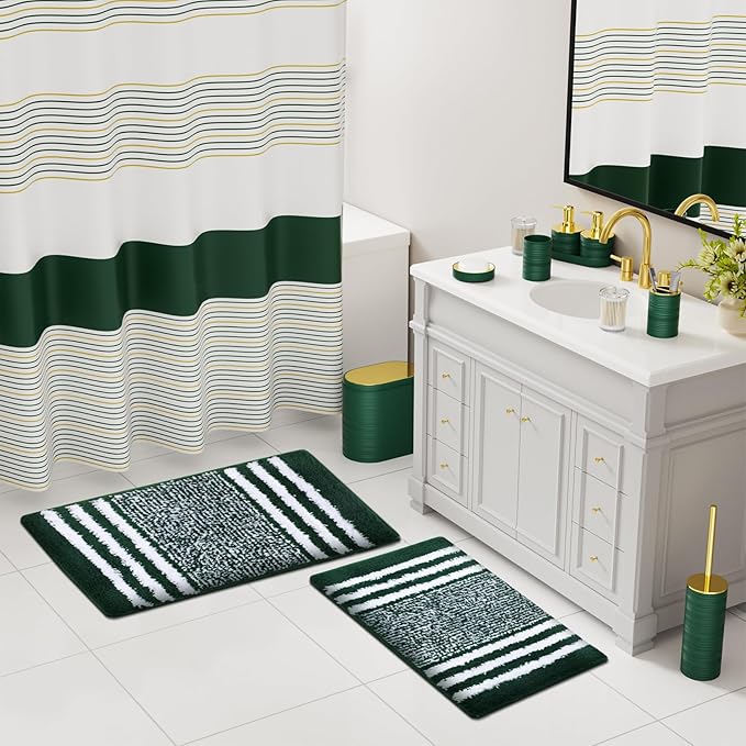 Bathroom Set - Bathroom Sets with Shower Curtain and Rugs, 25PC Bathroom Accessory Set, Green Bathroom Accessories Set with Trash Can, Soap Dispensers