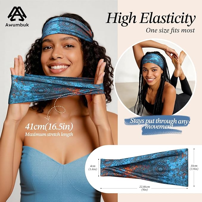 Headbands for Women, 8 Pack Non-Slip Moisture Wicking Sports Wide Head Bands, Stretchy Elastic Fabric, Multiple Colors Securing Hair for Fashion, Sports, Yoga, Running, Daily Life