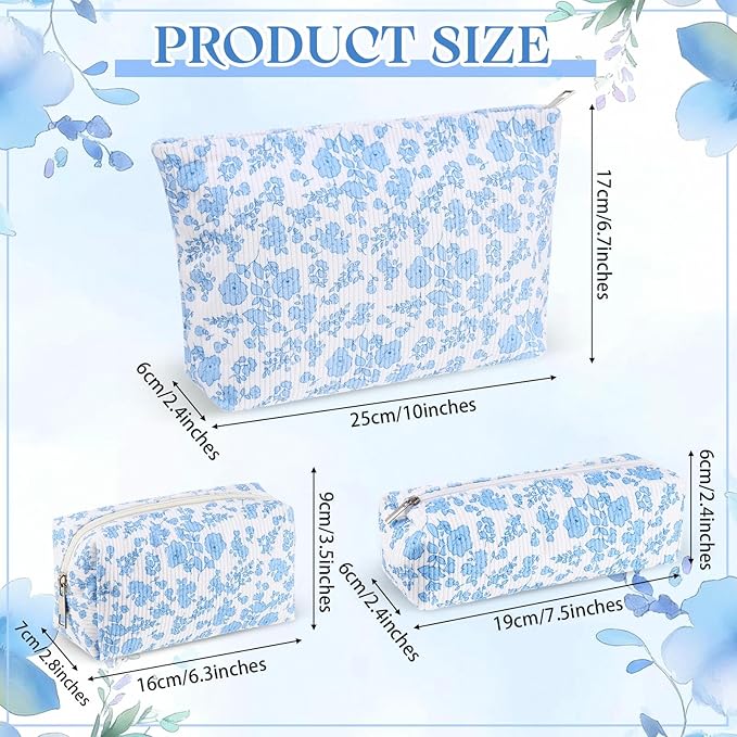 3 Pcs Makeup Bag Set for Women Corduroy Cosmetic Pouch Aesthetic Smile Travel Toiletry Bag Cute Purse Pouch Pencil Case Makeup Brushes Storage Organizer with Zipper (Blue,Floral)