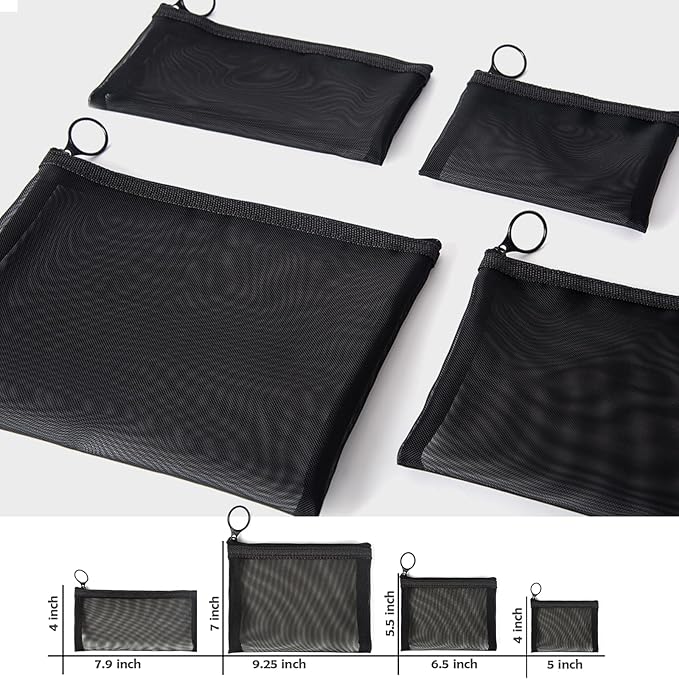 Patu Zipper Mesh Bags, Pack of 4 (S/M/L & Long Pouch), Beauty Makeup Cosmetic Accessories Organizer, Travel Toiletry Kit Set Storage Case, Black