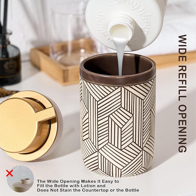 Brown Foaming Soap Dispenser,Ceramic Foam Soap Dispenser for Bathroom&Kitchen,12oz Foam Dispenser with Plastic Gold Pump(Unique&Modern)