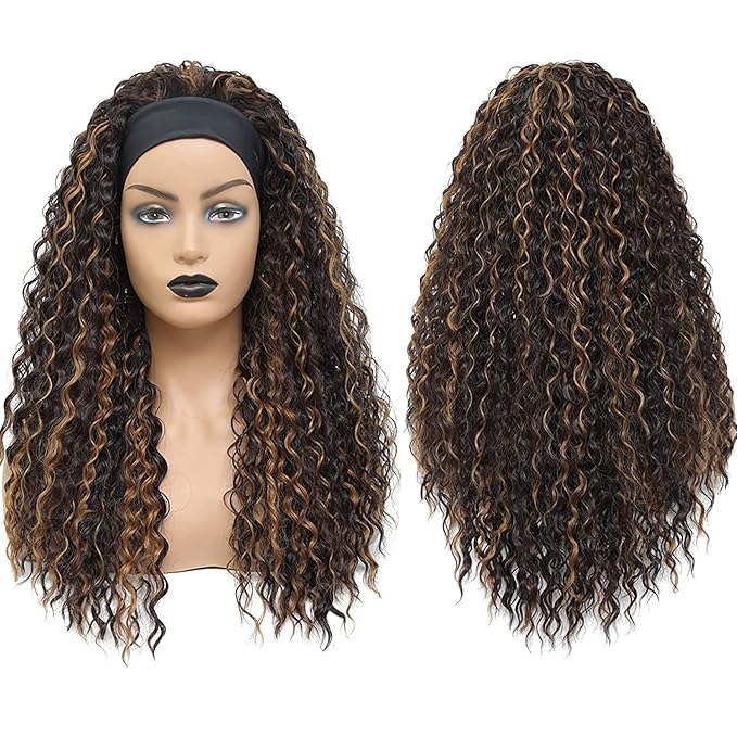 XSY Headband Wig Human Hair Highlight Ombre Curly Headband Wigs for Black Women None Lace Front Wigs 150% Density 4/27# Highglight Wig 16 Inch
