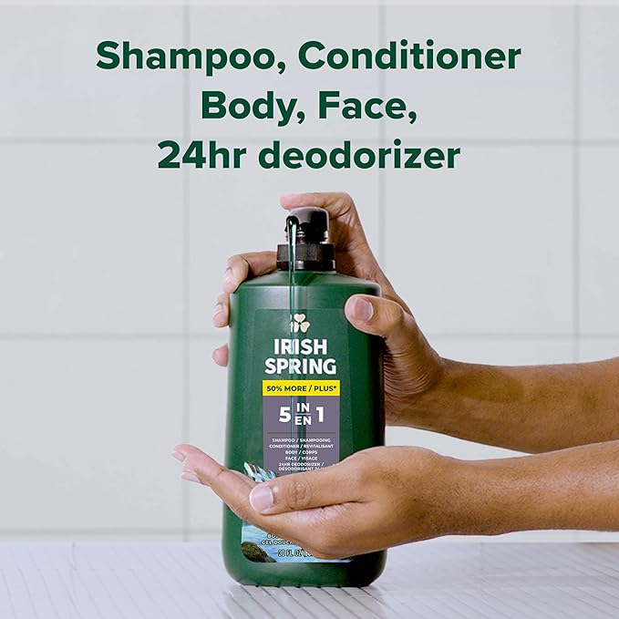 Irish Spring 5 in 1 Body Wash for Men | 24 Hour Freshness | For Body Face Hair | Biodegradable Ingredients | 30 Oz Pump 2-Pack