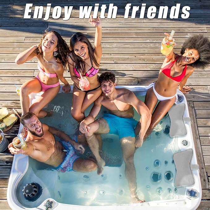 4 Pcs Hot Tub Spa Pillows for Outdoor Indoor Inflatable Bathtub 10.62 x 8.26 Inch Universal Hot Tub Accessories Patio Lounge Chair Headrest Neck Support with Adjustable Hook for Spa Bathtub (Grey)