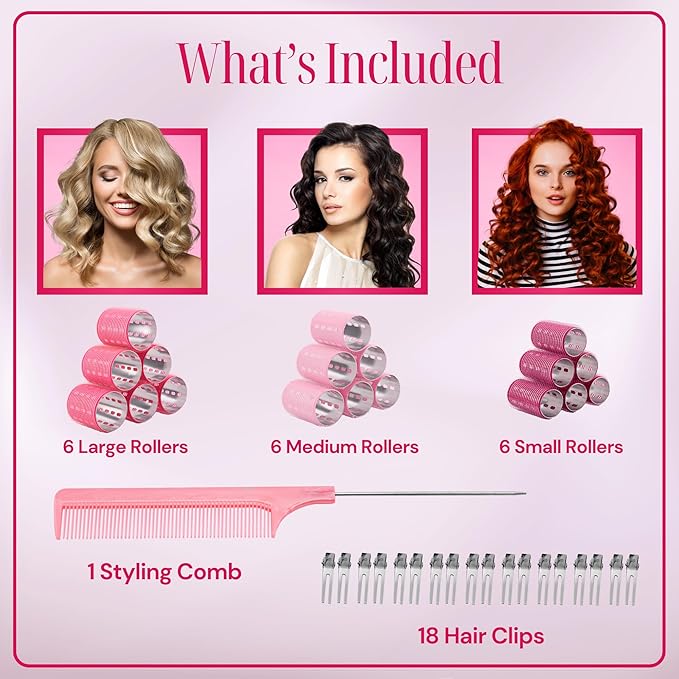 Thermal Rollers for Hair - 37pc Set - 18 Self-Grip Hair Rollers with 18 Clips and Styling Comb - Aluminum Thermal Hair Rollers for Volume and All-Day Curls - For Short, Medium, and Long Hair (Large)