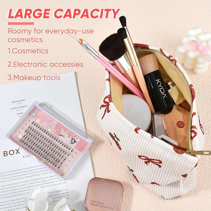 Cute Makeup Pouch for Women Bow Cherry Small Make Up Bag for Purse Zipper Initial Cosmetic Bags Pouches for Purse Aesthetic Travel Toiletrybags,Red Cherries Bows