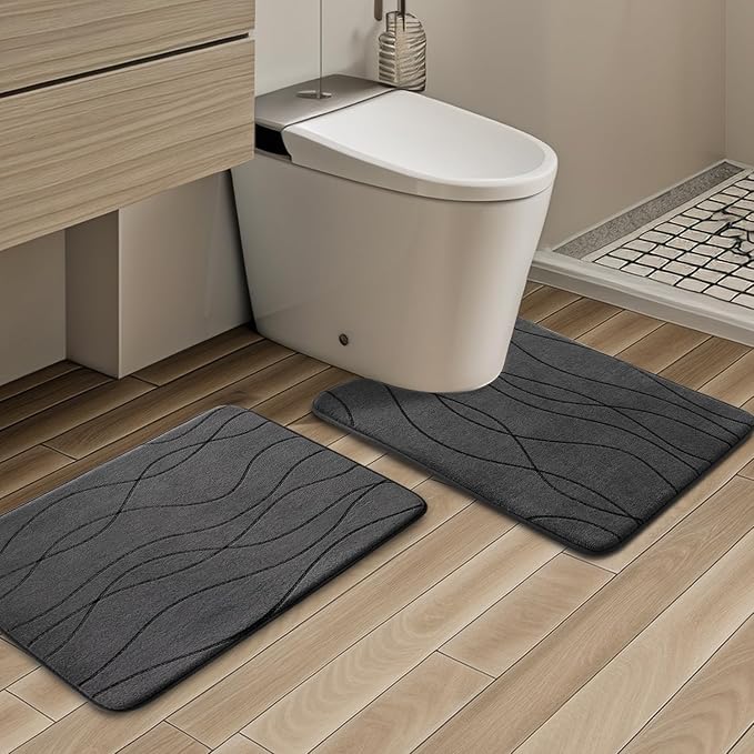 YIHOUSE Memory Foam Grey Bathroom Rug Sets 2 Piece, Ultra Absorbent Bath Mat for Bathroom - Non-Slip Machine Washable & Dry Quickly, 2 Piece Bathroom Mat Set, Dark Grey