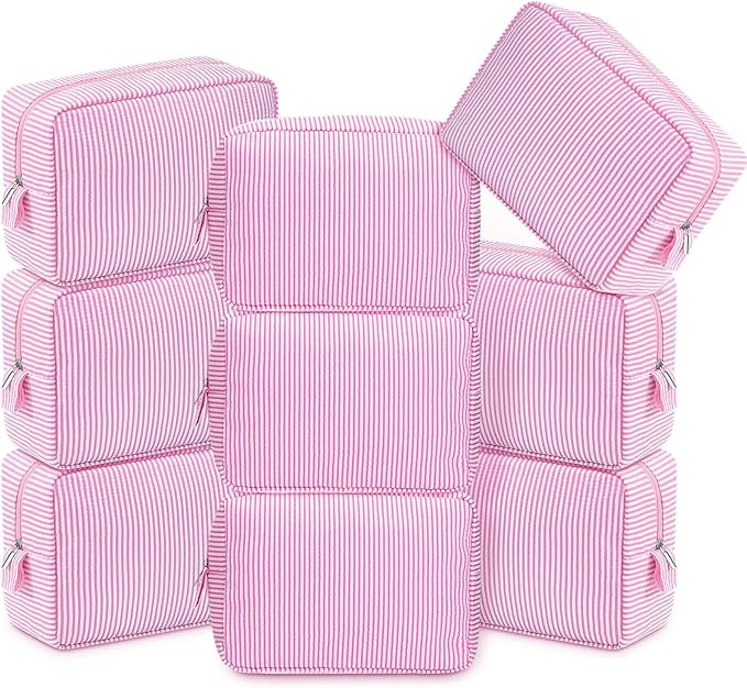 Sanwuta 9 Pcs Seersucker Cosmetic Bag Bulk Pinstripe Makeup Bag for Women Aesthetic Cute Travel Toiletry Organizer Preppy Storage Pouch for Wedding Bridesmaid Christmas Gift (Large, Pink)