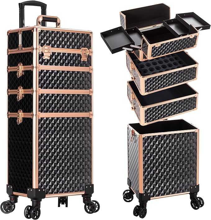 AROUS Rolling Makeup Train Case 4 in 1 Cosmetology Case on Wheels Large Storage Cosmetic Trolley with Key Salon Barber Case Traveling Cart Trunk,Gold&Black