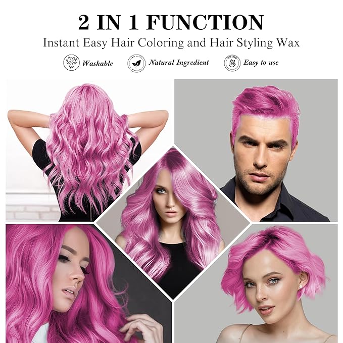 Temporary Pink Hair Color Wax 4.23 oz, Instant Natural Hairstyle Cream Dye, Washable Styling Pomades, Disposable Coloring Mud for Women Youth Men, Party Cosplay DIY Halloween