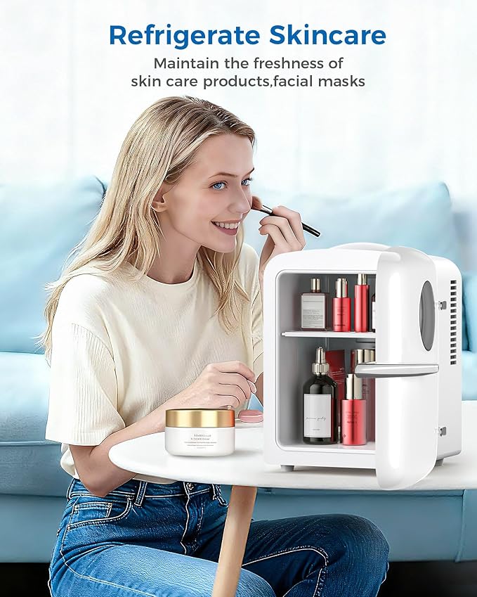 Mini Fridge for Bedroom, 4L/6 Cans Small Cosmetic Fridge for Skincare, Makeup & Drink, With Observation Window, Portable Desk Fridge Cooler and Warmer for Kids, Car, Office, Dorm, White