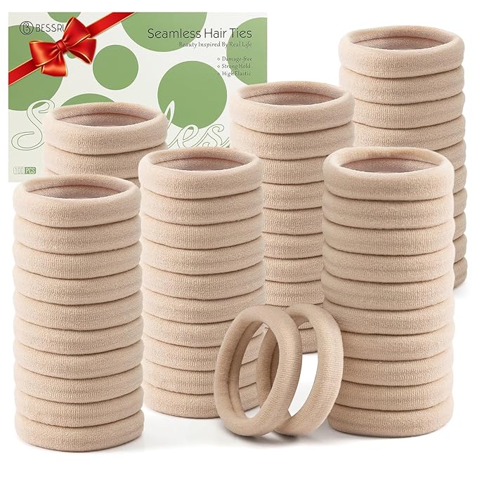 Bessrung 100 PCS Seamless Nylon Hair Ties, No Damage Elastics Hair Ties for Women Girls, Soft Stretchy Ponytail Holders for Thin Thick Hair, Snag-Free Hair Bands(Beige Color)