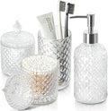 Bathroom Accessories Set, 4 Pack Clear Glass Bath Accessory Sets Complete, Diamond Soap Dispenser and Toothbrush Holder Set for Bathroom Counter Organizer Essentials, Modern Bathroom Decor