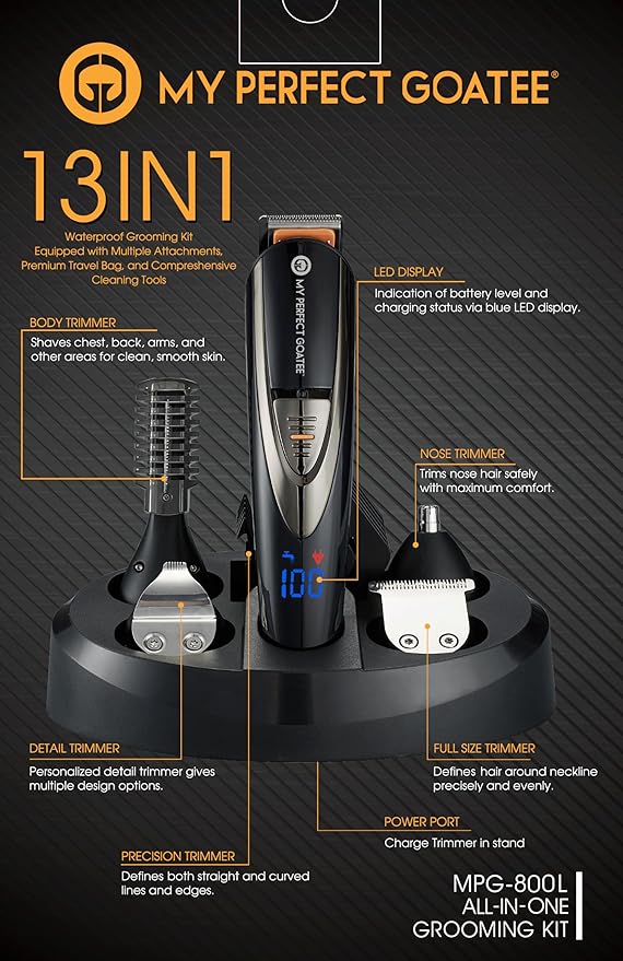 My Perfect Goatee®️ 13-in-1 Mens Grooming Kit - LED Display Beard Trimming Kit with Travel Bag, Charging Stand, & More - Waterproof, Cordless Electric Trimmer for Nose, Body, & More – Ideal Gift Set